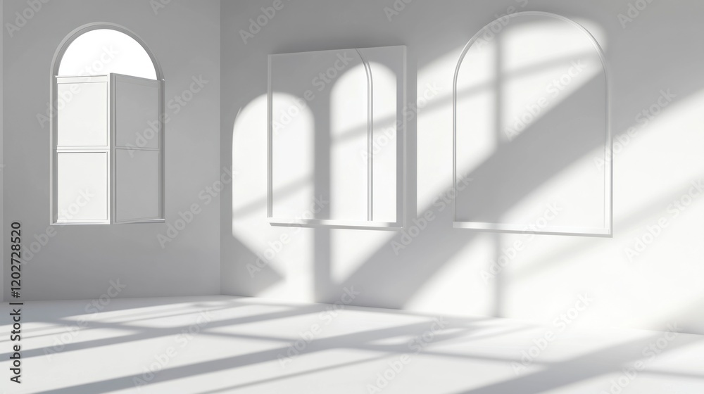 Obraz premium Sunlit minimalist white room with arched windows.