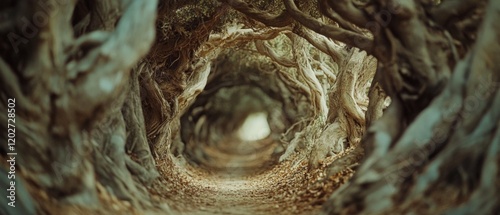 A tunnel-like path under intertwined, gnarled tree branches creates an enchanting, mysterious woodland scene filled with shadows and intrigue. photo