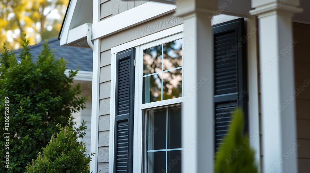 Elegant Home Exterior: A Showcase of Architectural Design. Featuring a Classic Window with Black Shutters and Grey Siding. Find your dream home today! Elegant Home Exterior: A Showcase of Architectural Design. Featuring a Classic Window with Black Shutters and Grey Siding. Find your dream home today!