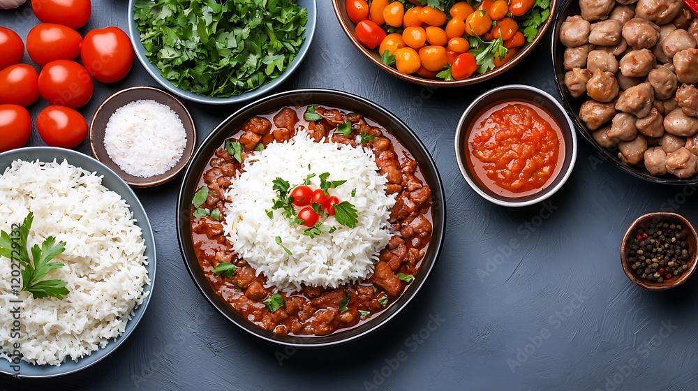 Overhead shot of a delicious meal featuring rice, meat stew, and various fresh ingredients. Overhead shot of a delicious meal featuring rice, meat stew, and various fresh ingredients.