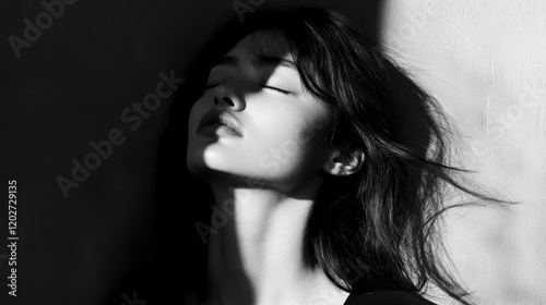 Serene Asian Woman Leaning Against Wall, Eyes Closed, Black and White Portrait
