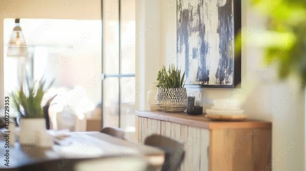 Fototapeta premium Sunlit modern dining room with plants, artwork, and wooden sideboard.