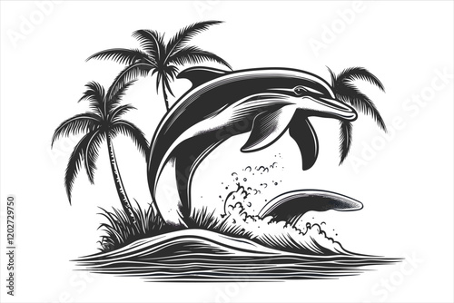 Palm trees and dolphins vector 