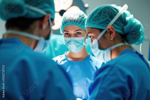 Focused Team of Medical Professionals Engaged in a Surgical Operation in a Modern Operating Room, Emphasizing Precision and Collaboration in Healthcare photo