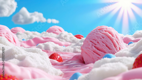 Towering Ice Cream Mountains with Layers of Pastel Colors and Bright Sunny Skies
