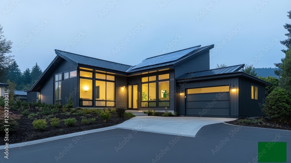 Modern house with expansive windows immersed in a verdant landscape of trees and greenery Modern house with expansive windows immersed in a verdant landscape of trees and greenery