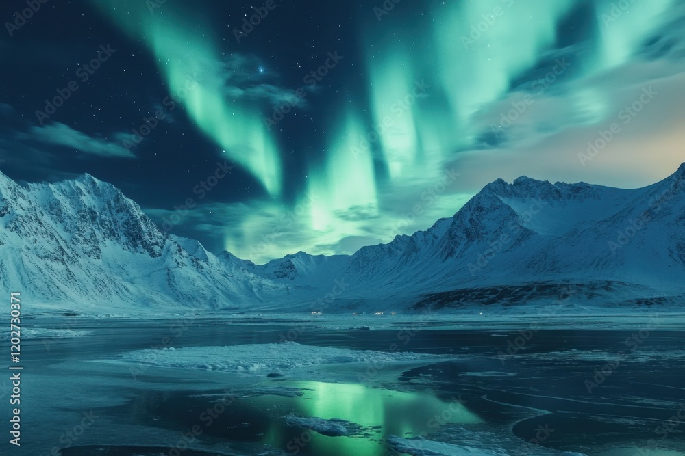 Naklejka premium Mesmerizing dance of the northern lights over icy mountains in the arctic nature photography travel inspiration nighttime serenity breathtaking views