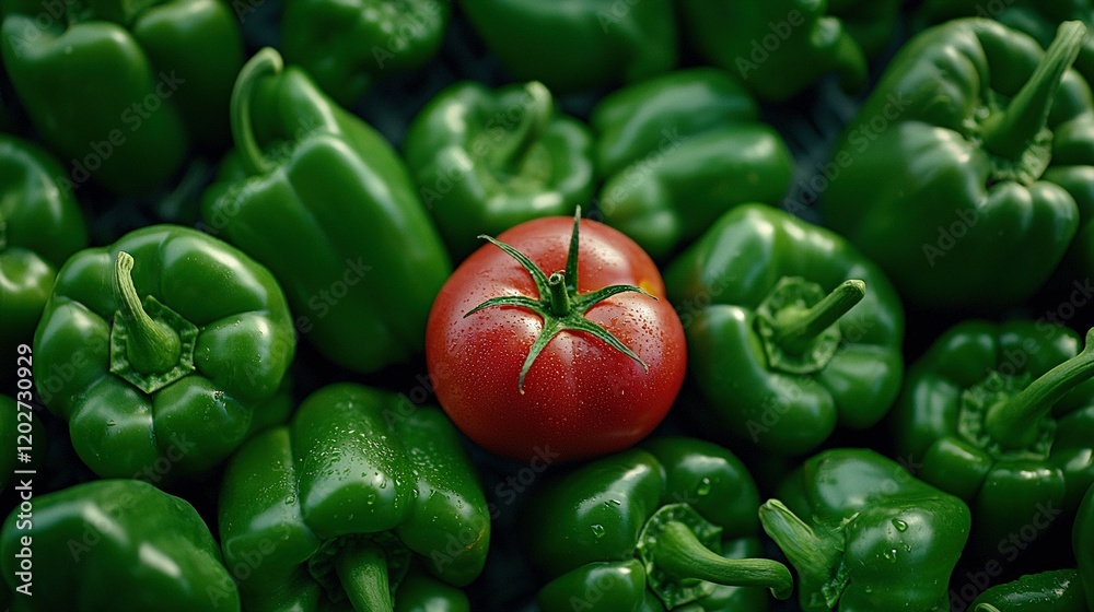A red tomato sits atop a green pepper, which is encircled by other green peppers A red tomato sits atop a green pepper, which is encircled by other green peppers