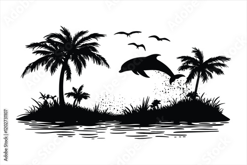 Palm trees and dolphins vector 