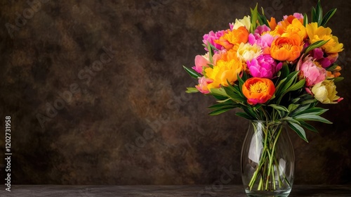 Wallpaper Mural Colorful peony bouquet in glass vase, dark background, floral arrangement,  greeting card design Torontodigital.ca