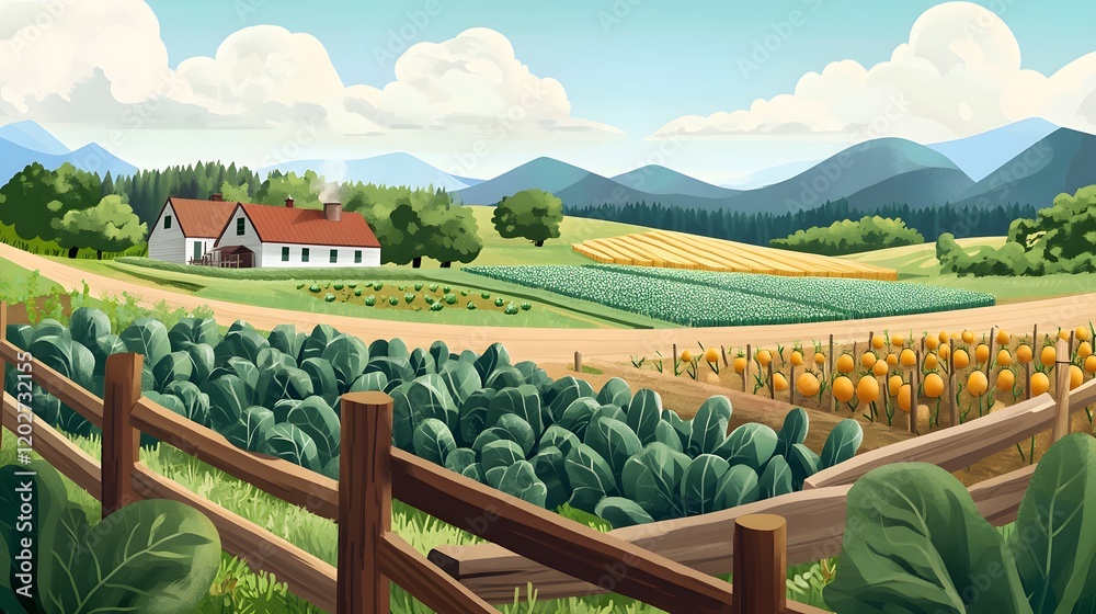 Fototapeta premium Farm House nestled in a valley with various crops