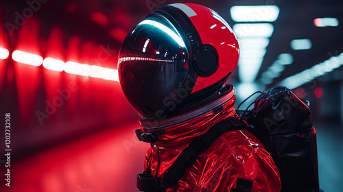 Fototapeta Naklejka Na Ścianę i Meble -  Astronaut in red suit explores futuristic space station corridor
