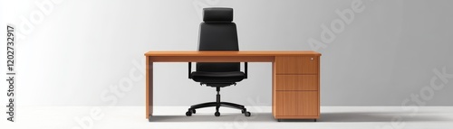 Polished wooden desk and black chair, a functional stylish workspace photo