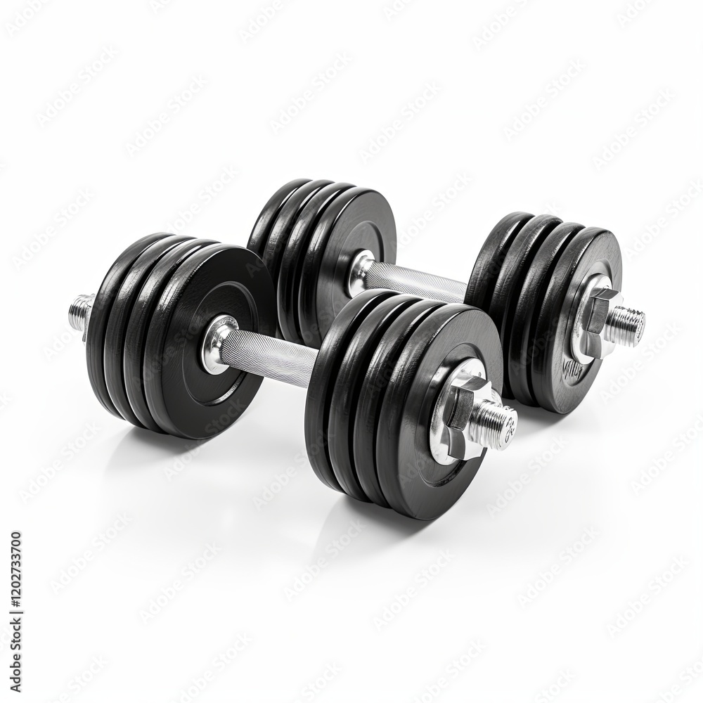 Fototapeta premium A pair of black metal dumbbells isolated on a white background. The dumbbells are made of cast iron and have a knurled grip. The weights are marked with their weight in kilograms.