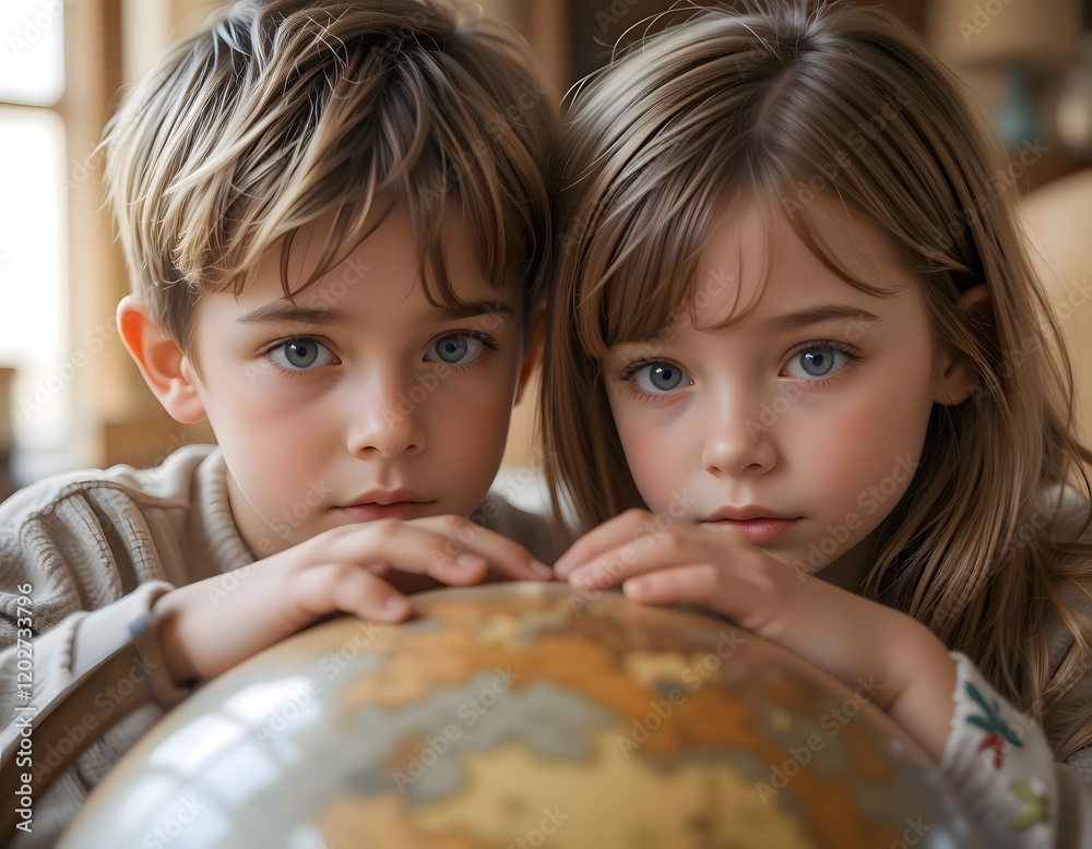Two Children Explore the World with a Globe Two Children Explore the World with a Globe