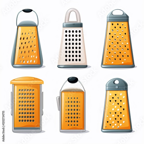 The image shows different types of graters. All graters are yellow and silver in color and have different-sized holes. The graters are isolated on a white background.