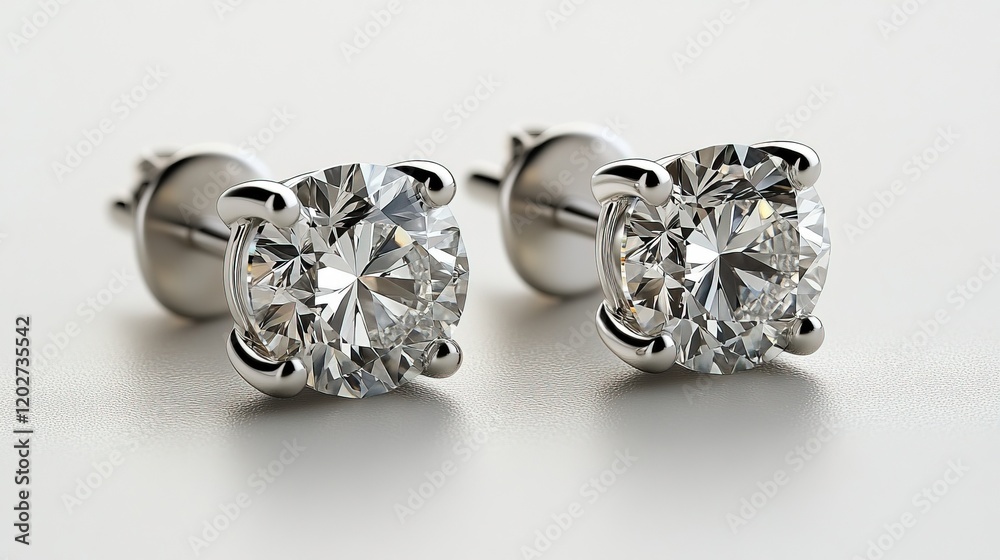 Close-up of elegant diamond stud earrings on a smooth surface, showcasing brilliance Close-up of elegant diamond stud earrings on a smooth surface, showcasing brilliance