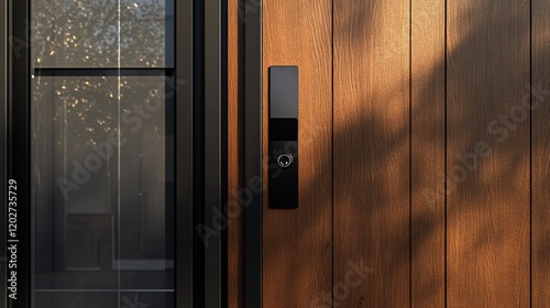 Modern black digital door lock on wood door.