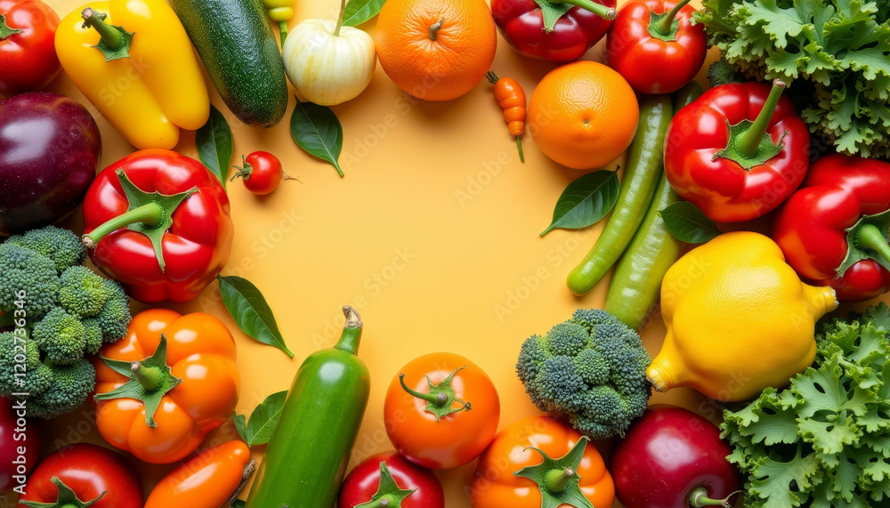 Fresh Vegetables and Fruits on Yellow Background Fresh Vegetables and Fruits on Yellow Background