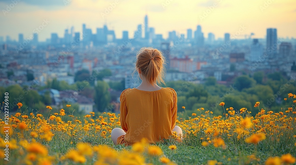 Fototapeta premium A serene scene of a person sitting in a field of flowers, overlooking a city skyline at sunset.