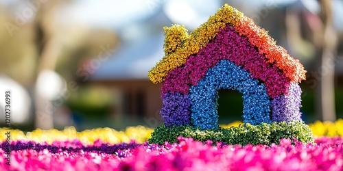 colorful floral hedge bush shaped like a house photo