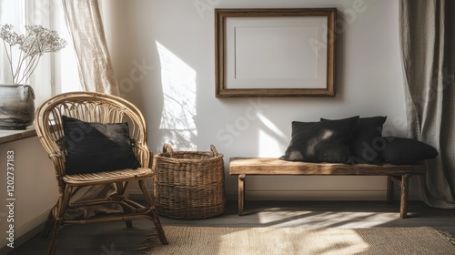 Sunlit room with wicker chair, bench, and blank frame.
