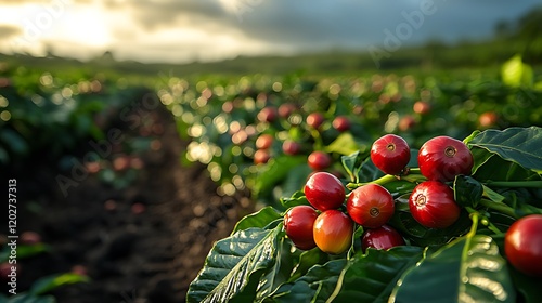 Ripe coffee cherries on plantation at sunset