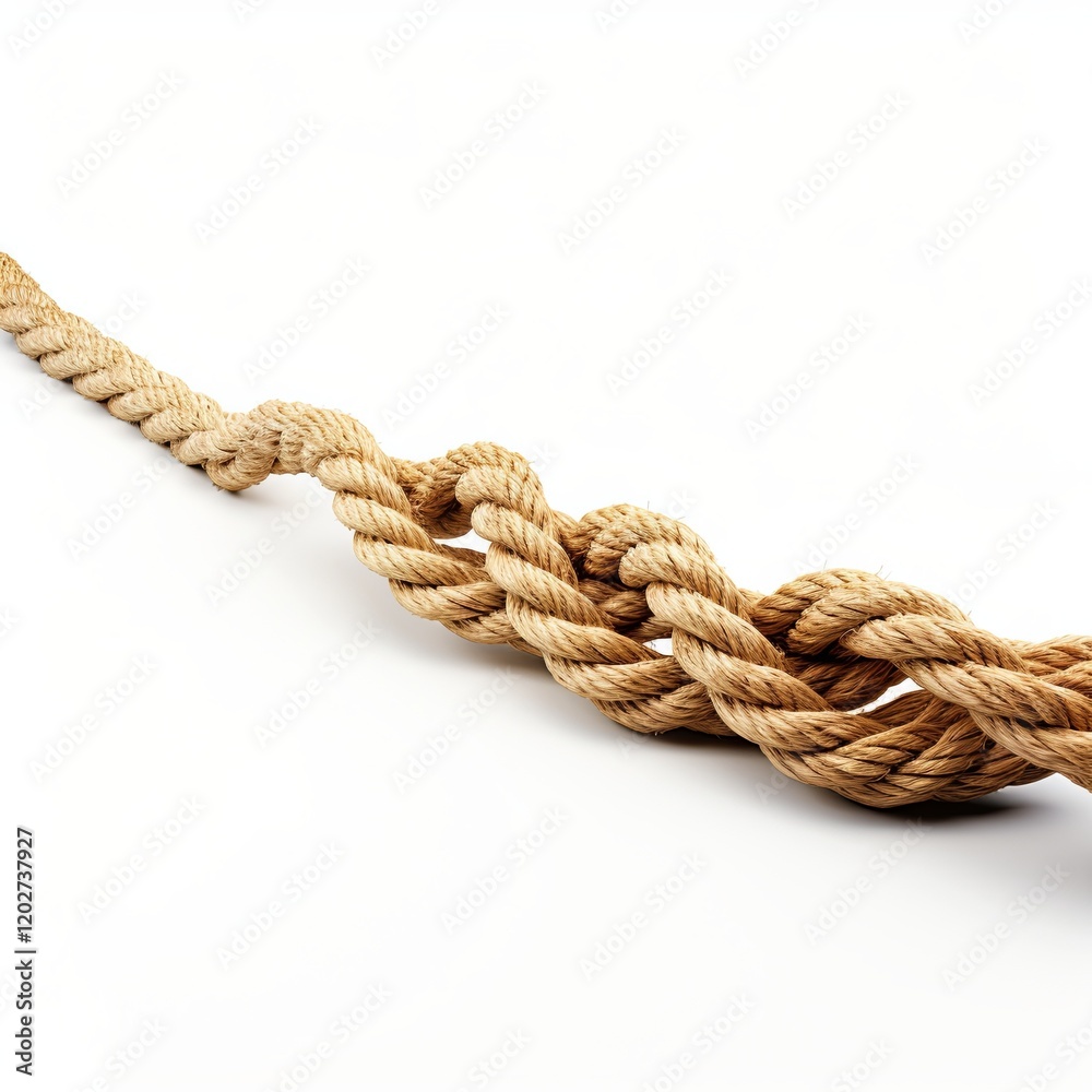 This image features a meticulously tied tan rope in an intricate decorative knot, beautifully isolated against a bright white background, showcasing the texture and craftsmanship of the knot. This image features a meticulously tied tan rope in an intricate decorative knot, beautifully isolated against a bright white background, showcasing the texture and craftsmanship of the knot.