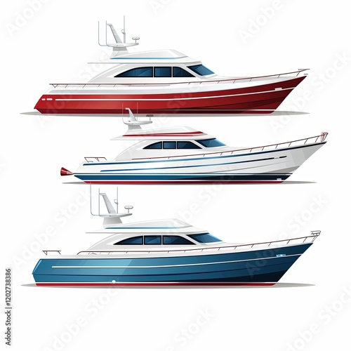 This illustration showcases three stunning luxury yachts in vibrant colors, each uniquely designed, isolated on a crisp white background, perfect for graphic design and promotional materials. photo