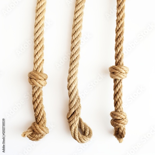 Three pieces of durable jute rope, each expertly tied in a unique knot design, showcased against a pristine white background to emphasize their textures and craftsmanship.