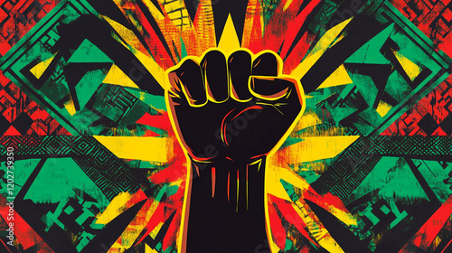 Black History Month geometric background design with a black raised solidarity African American history month celebration