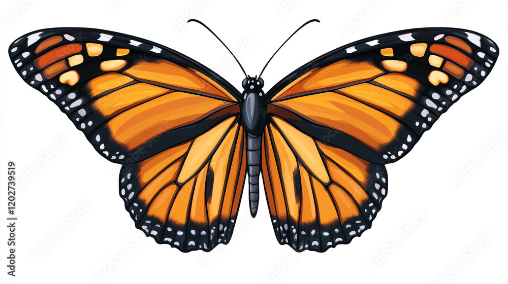 Fototapeta premium Monarch butterfly displayed prominently with vibrant orange and black wings in detailed illustration