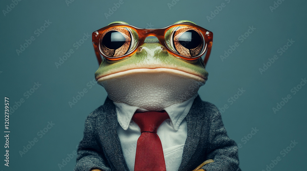 Fototapeta premium Frog in a suit wearing glasses poses confidently in a studio setting