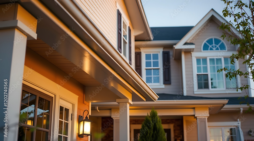 Fototapeta premium Dream House: Captivating Suburban Home at Golden Hour. Discover the architectural details and inviting exterior of this stunning residence, perfect for families seeking comfort and style.