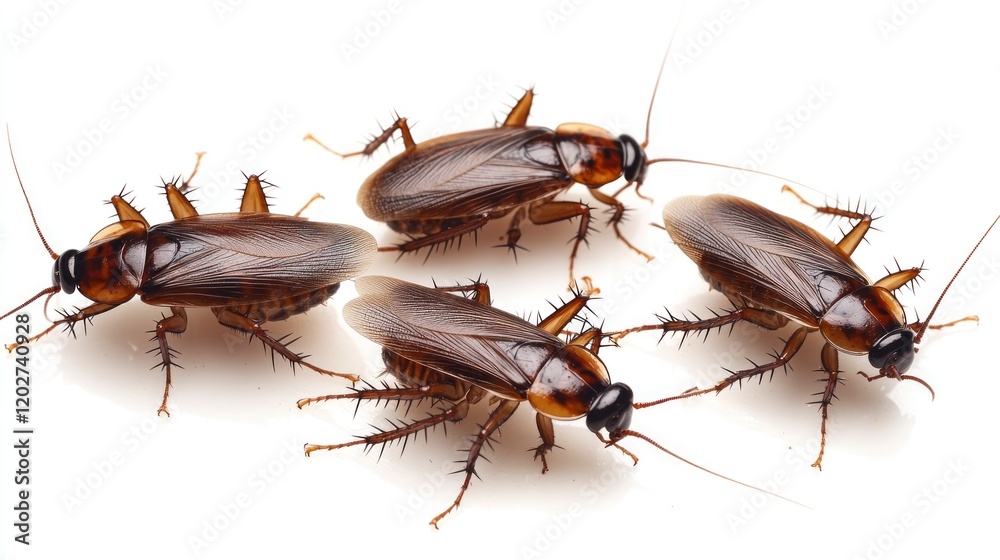 Four cockroaches on a white background, highlighting their features and details.