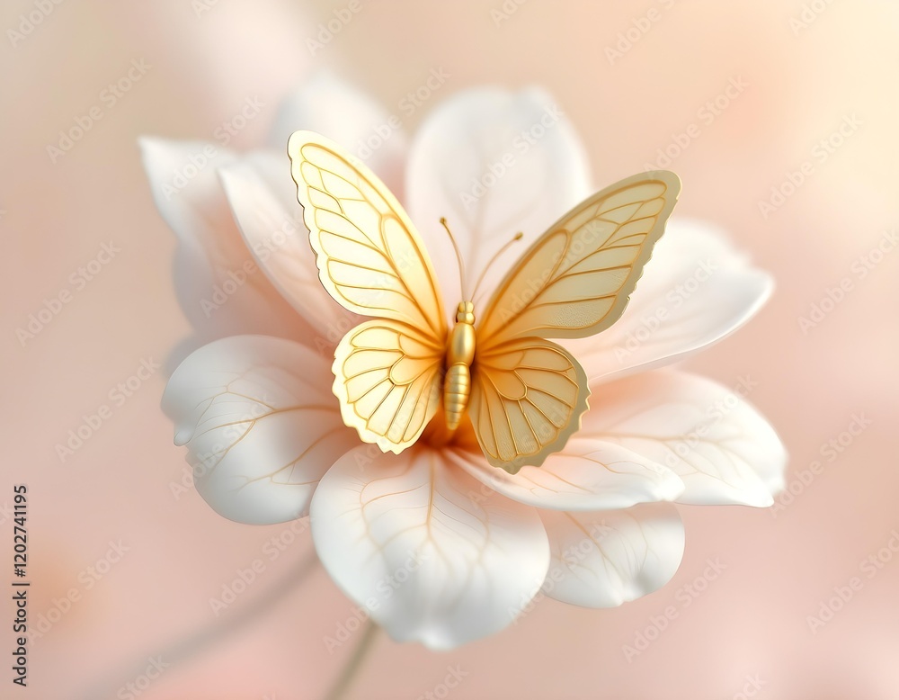 Fototapeta premium A delicate golden butterfly perched on a soft, creamy flower petal with gentle, pastel tones.