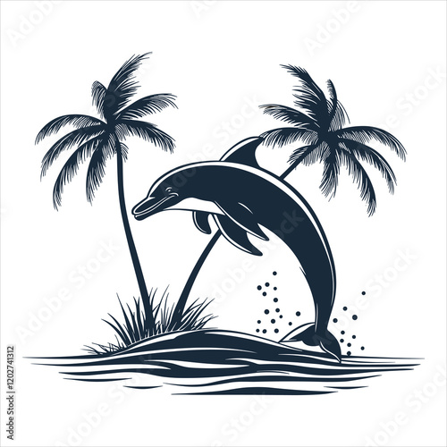 Palm trees and dolphins vector 