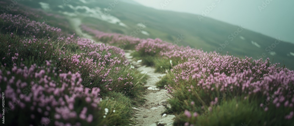 Obraz premium A winding path meanders through a landscape of thick, purple heather, evoking a sense of exploration and peace shrouded in gentle mist.