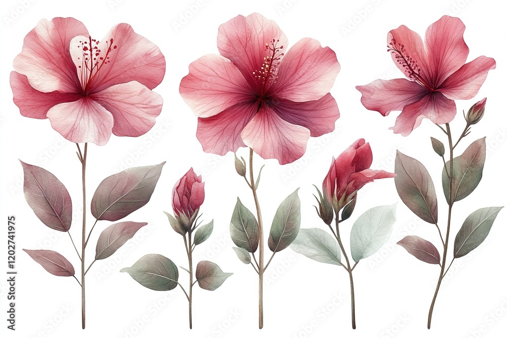 Obraz premium A collection of delicate pink hibiscus flowers in various stages of bloom and growth.