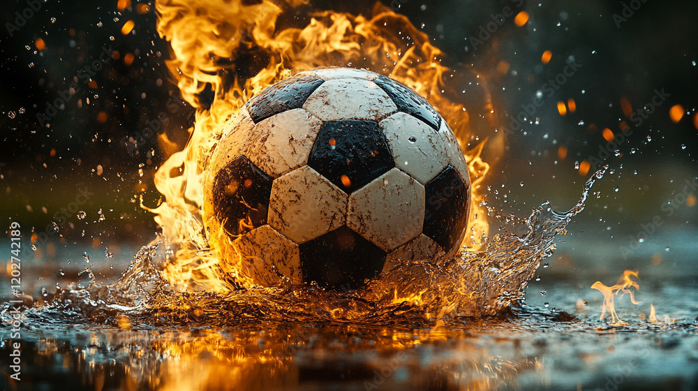 Fototapeta premium Soccer ball ignited by flames splashes into a puddle during a rainstorm