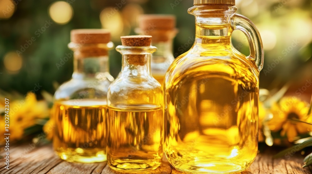 A collection of glass bottles filled with golden oil, set against a natural background. A collection of glass bottles filled with golden oil, set against a natural background.