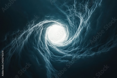 Abstract Dark Blue Tunnel with Bright Light at the End, Swirling Texture Effect.