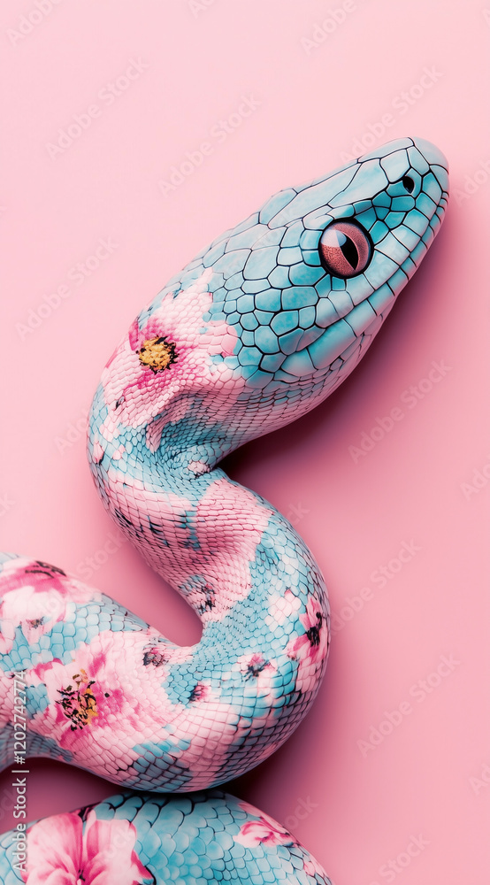 Fototapeta premium A cute snake made of pastel blue fabric with a floral pattern on a pink background, digital art with sharp focus.