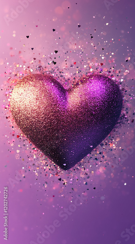 A cute heart-shaped, glittery pink wallpaper with a pastel purple background.Minimal creative Valentine's holiday concept.Copy space,flat lay 