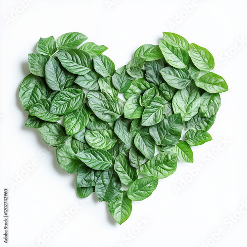 A heart-shaped arrangement made of green leaves on a white background.Minimal creative advertise concept.opy space,flat lay photo