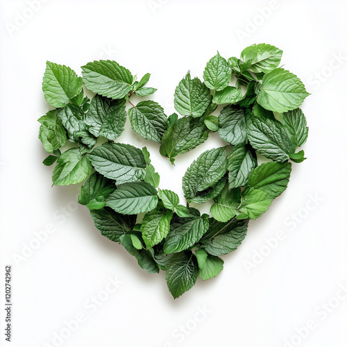 A heart-shaped arrangement made of green leaves on a white background.Minimal creative advertise concept.opy space,flat lay photo