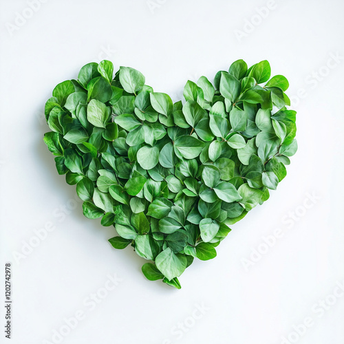 A heart-shaped arrangement made of green leaves on a white background.Minimal creative advertise concept.opy space,flat lay photo