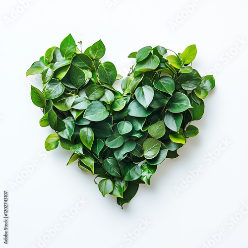 A heart-shaped arrangement made of green leaves on a white background.Minimal creative advertise concept.opy space,flat lay photo