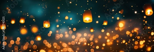 Glowing Sky Lanterns at Night with Golden Bokeh Lights.