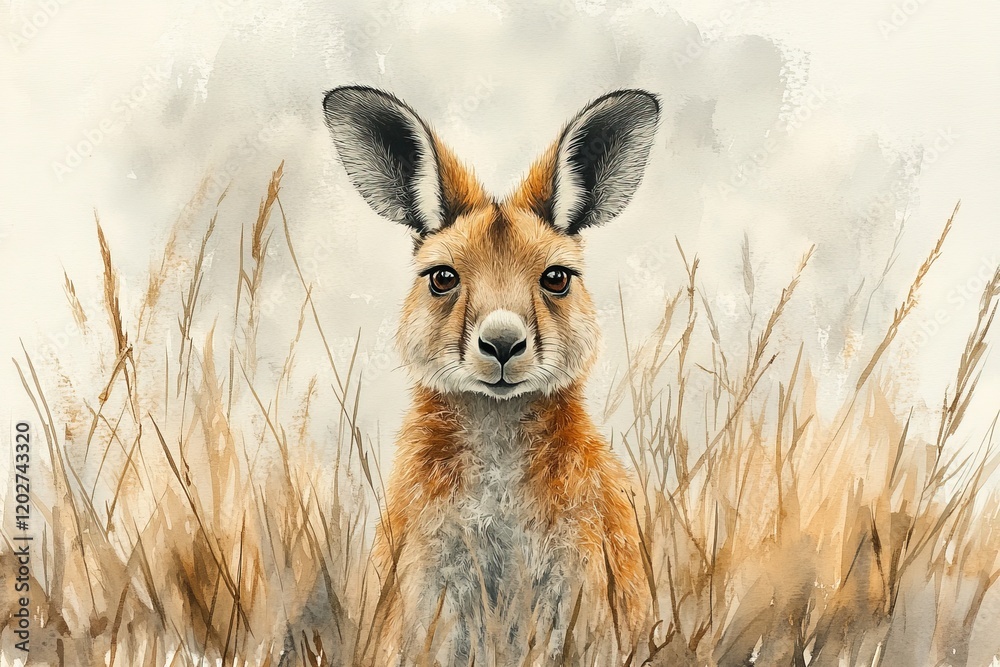 Fototapeta premium A detailed illustration of a kangaroo amidst tall grasses, showcasing its curious expression.